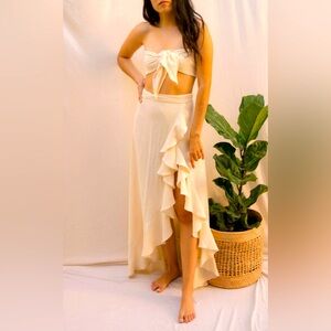 Paralia Mykonos Wrap Skirt & Scarf Top Set – Size Small in Crudo/Cream